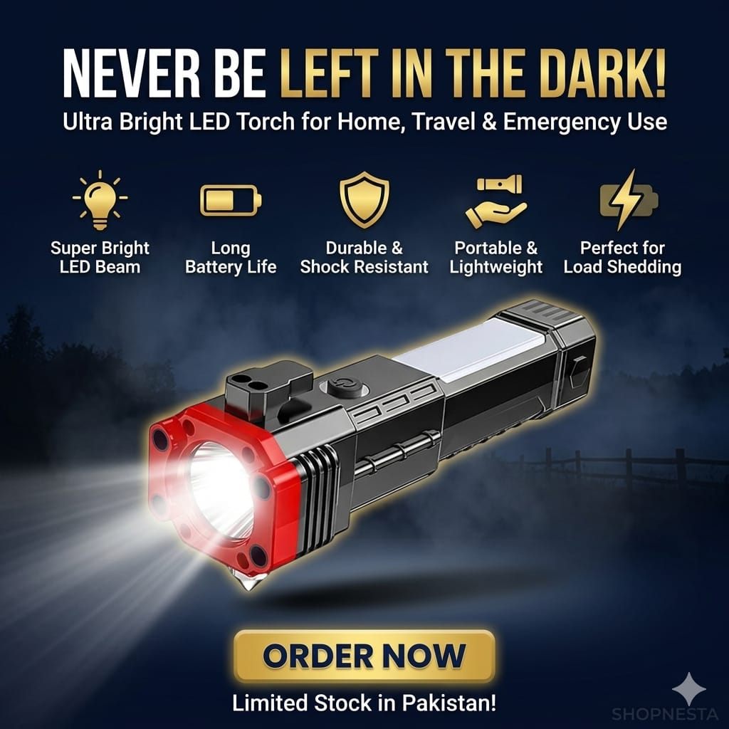 Ultra-Bright Rechargeable LED Flashlight – 3-in-1 Tactical Torch with Emergency Hammer & Phone Charging Power Bank (Box Packed, Random Color)