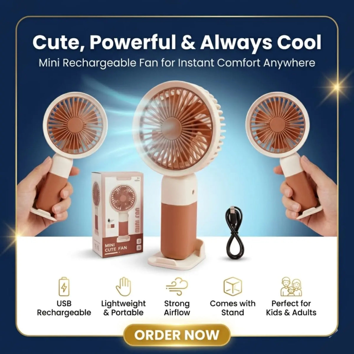 🌬️ Mini Cute Rechargeable Fan – Portable USB Handheld Cooling Fan with Stand | Powerful, Lightweight & Perfect for Kids & Adults